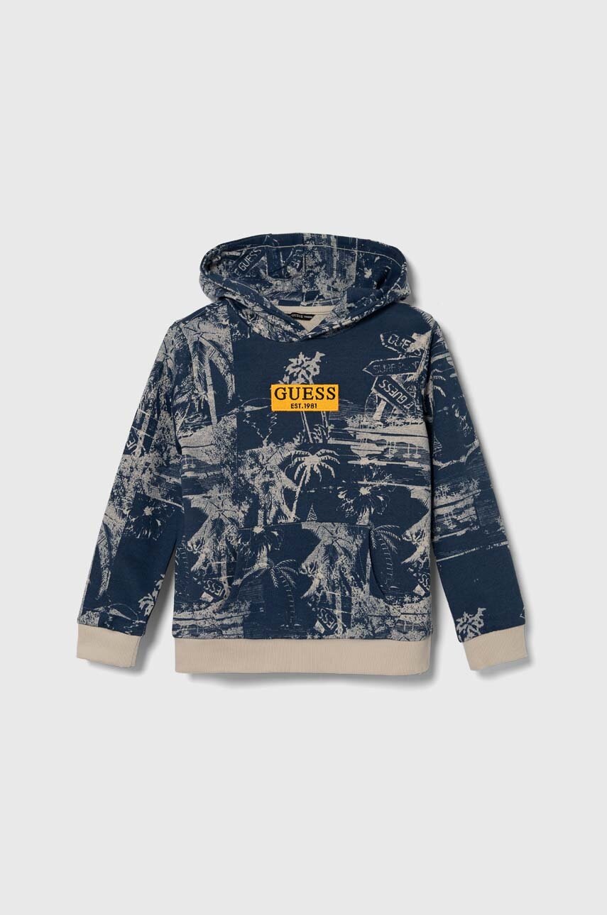 

Детски памучен суичър Guess в синьо с качулка с десен, Син