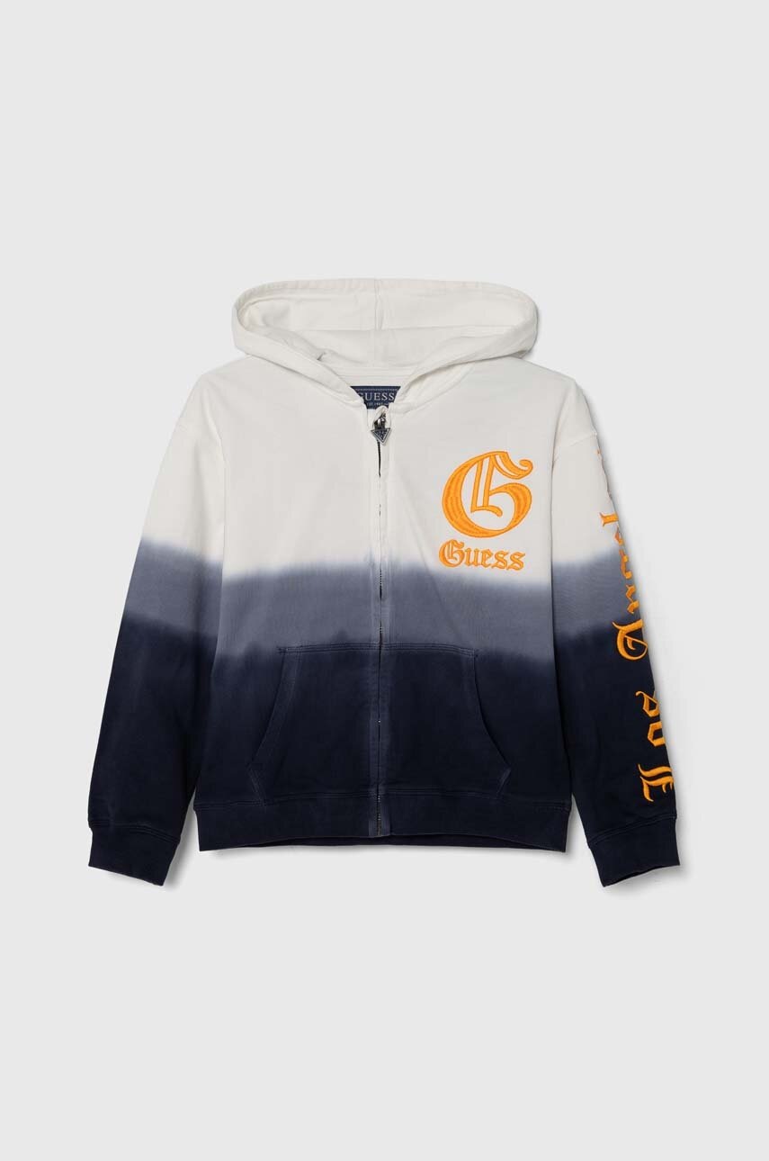 

Детски памучен суичър Guess в синьо с качулка с десен, Син