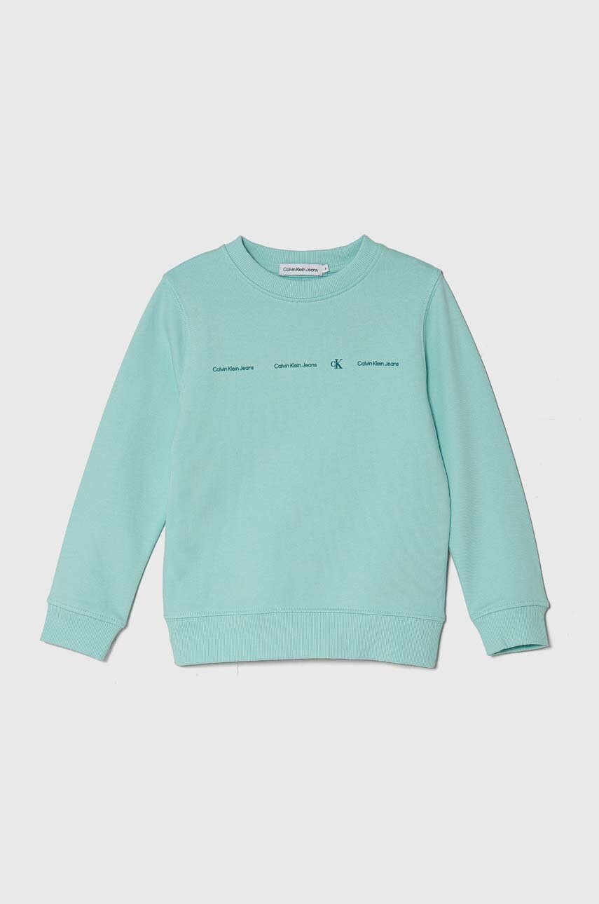 

Детски памучен суичър Calvin Klein Jeans в тюркоазено с принт, Тюркоазен