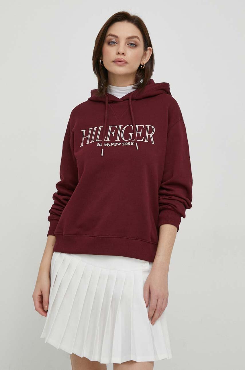 

Памучен суичър Tommy Hilfiger в бордо с качулка апликация WW0WW41042