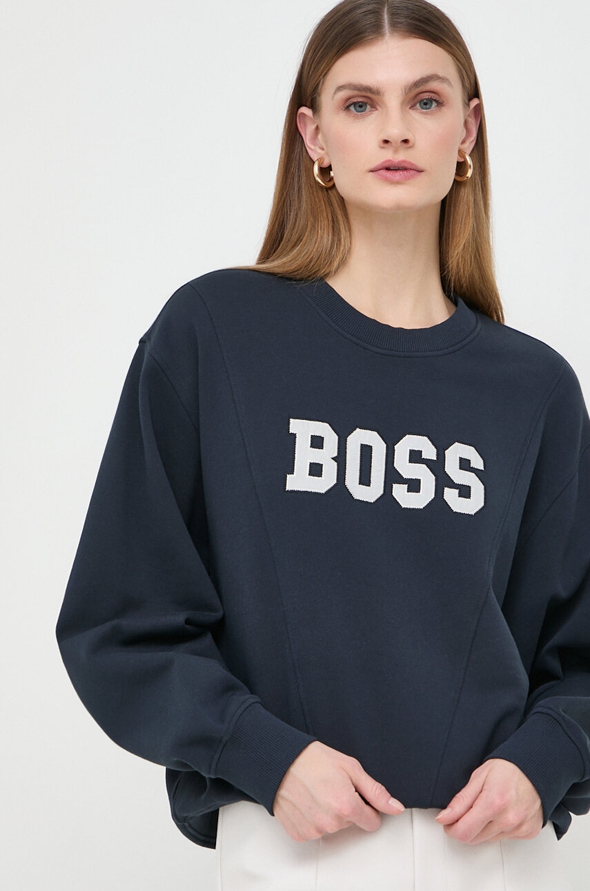 BOSS Orange hanorac de bumbac femei, culoarea bleumarin, cu imprimeu 50518009