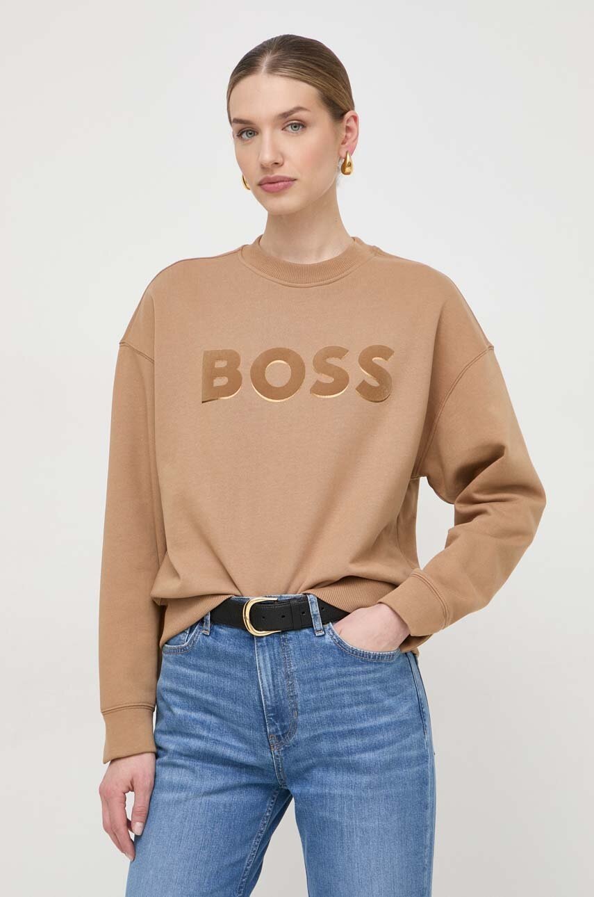 BOSS hanorac de bumbac femei, culoarea bej, cu imprimeu 50508499