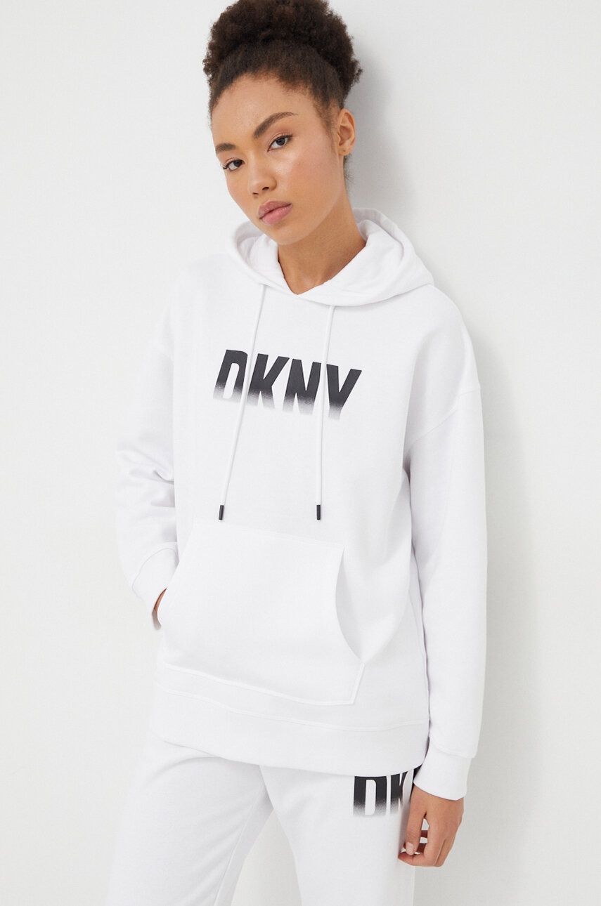 Levně Mikina Dkny dámská, bílá barva, s kapucí, potiskem, DP3T9624