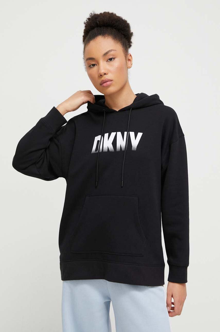 Levně Mikina Dkny dámská, černá barva, s kapucí, potiskem, DP3T9624