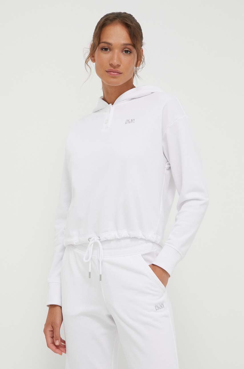 Dkny bluza femei, culoarea alb, cu glugă, cu imprimeu