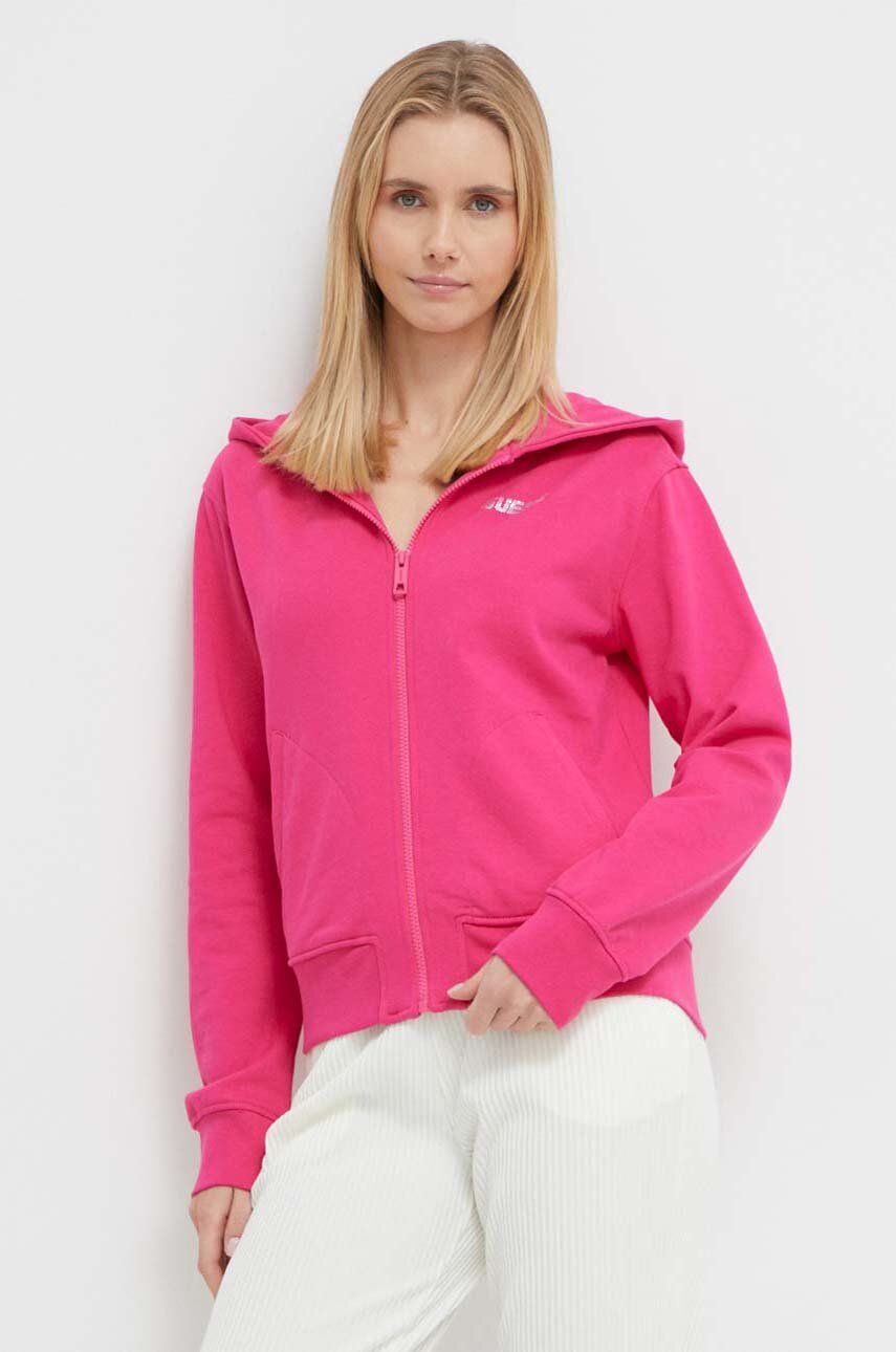 E-shop Bavlněná mikina Guess ELEANORA dámská, růžová barva, s kapucí, aplikací, V4RQ04 KC5O0