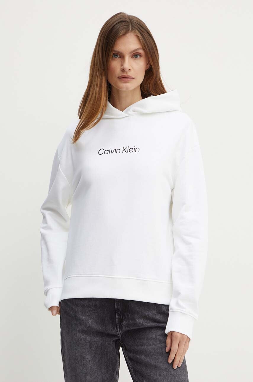 Levně Bavlněná mikina Calvin Klein dámská, bílá barva, s kapucí, s potiskem, K20K205449