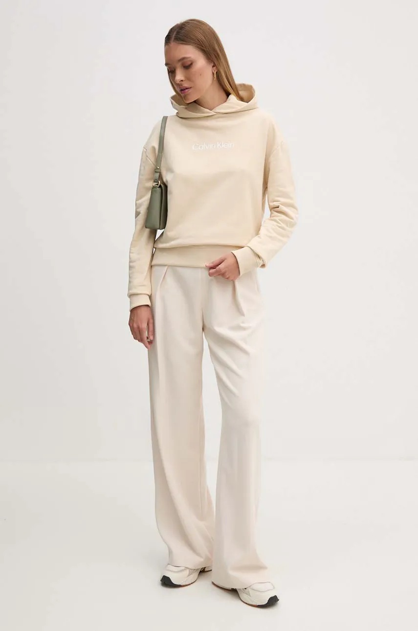 Βαμβακερή μπλούζα Calvin Klein γυναικεία, χρώμα: μπεζ, με κουκούλα, K20K205449 φωτογραφία