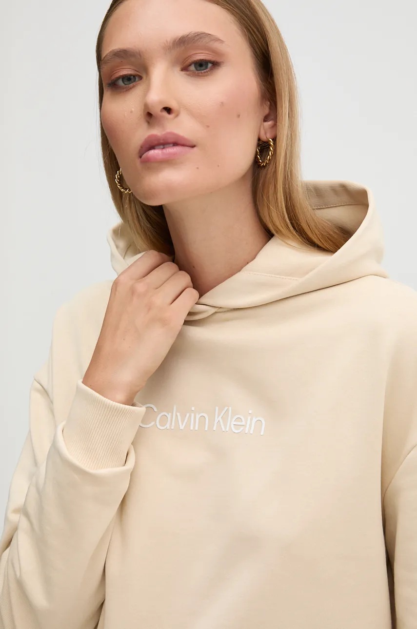 Βαμβακερή μπλούζα Calvin Klein γυναικεία, χρώμα: μπεζ, με κουκούλα, K20K205449 φωτογραφία