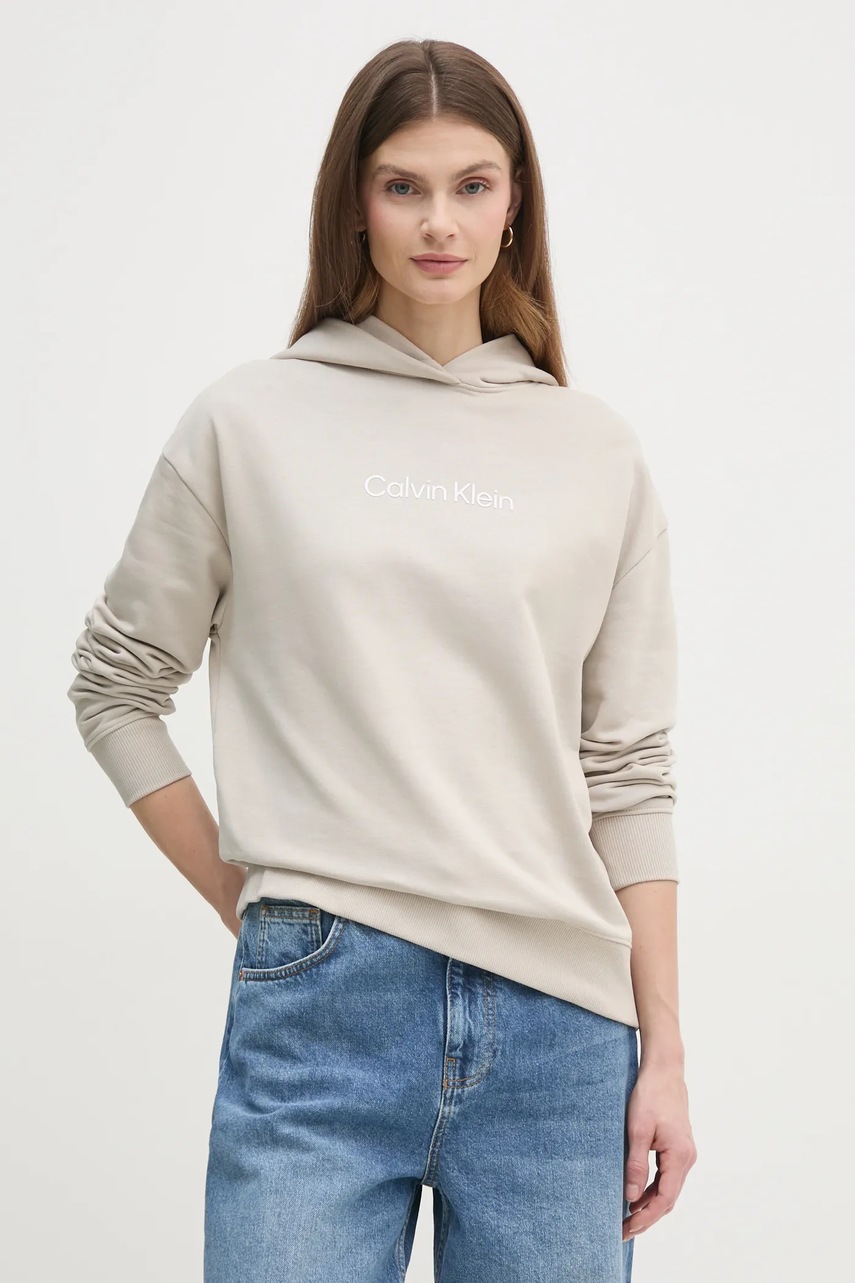 Βαμβακερή μπλούζα Calvin Klein γυναικεία, χρώμα: μπεζ, με κουκούλα, K20K205449 φωτογραφία
