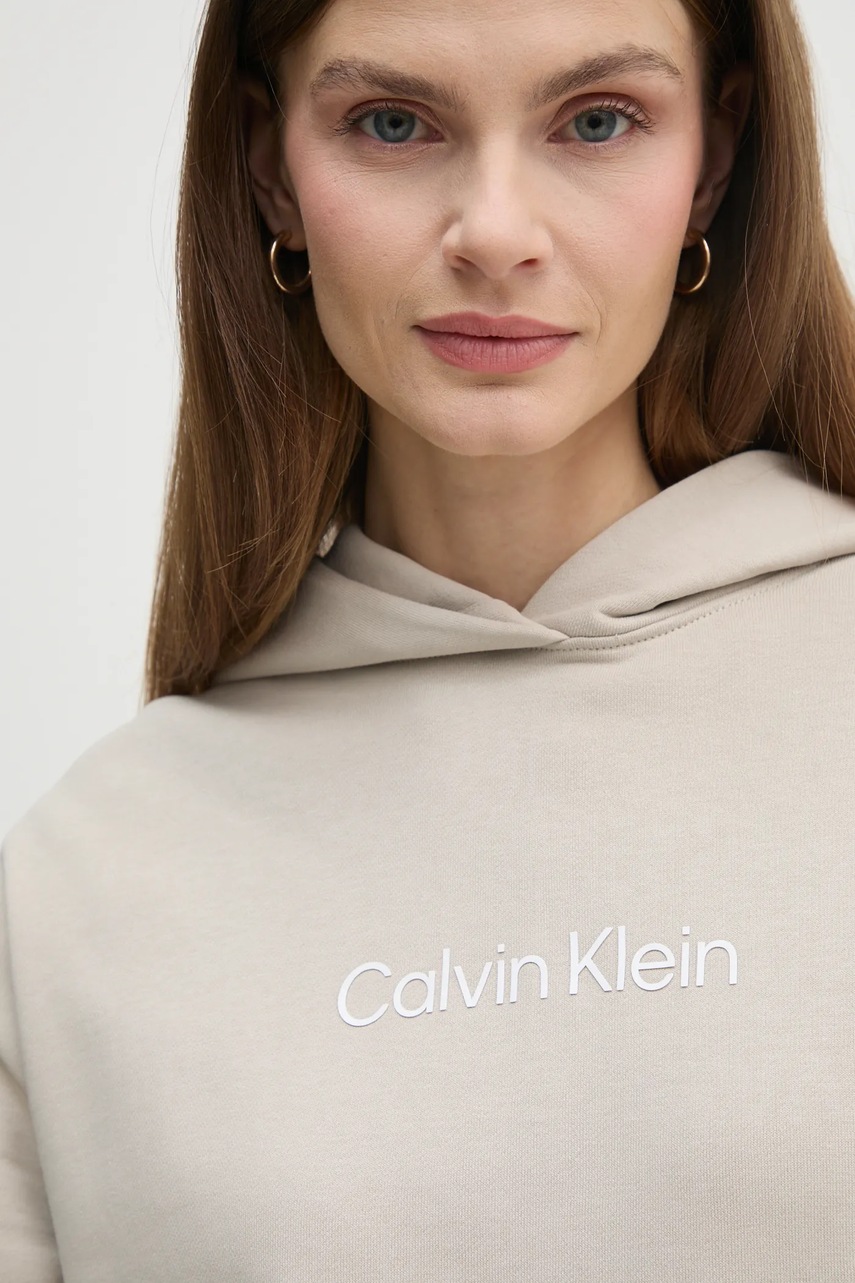 Βαμβακερή μπλούζα Calvin Klein γυναικεία, χρώμα: μπεζ, με κουκούλα, K20K205449 φωτογραφία
