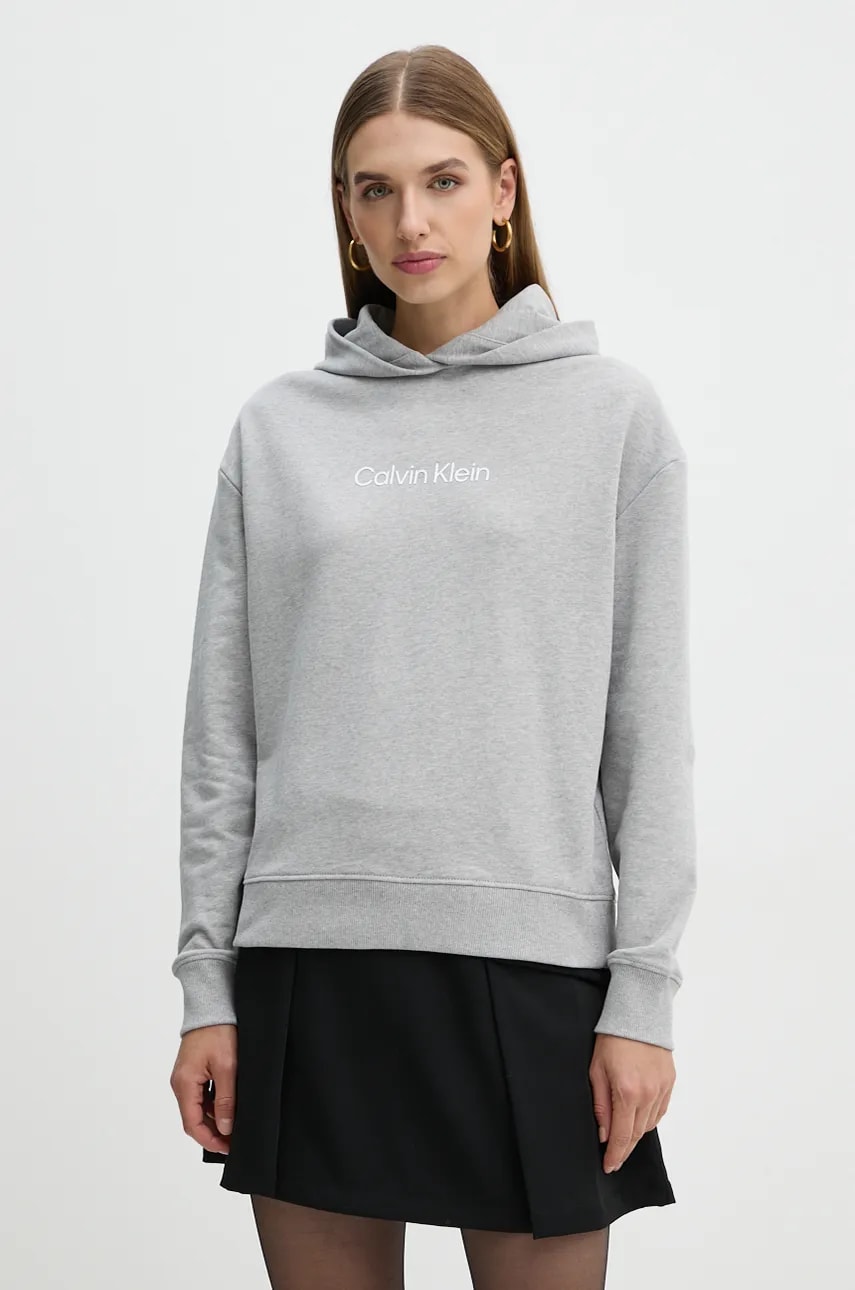 Levně Bavlněná mikina Calvin Klein dámská, šedá barva, s kapucí, s potiskem, K20K205449