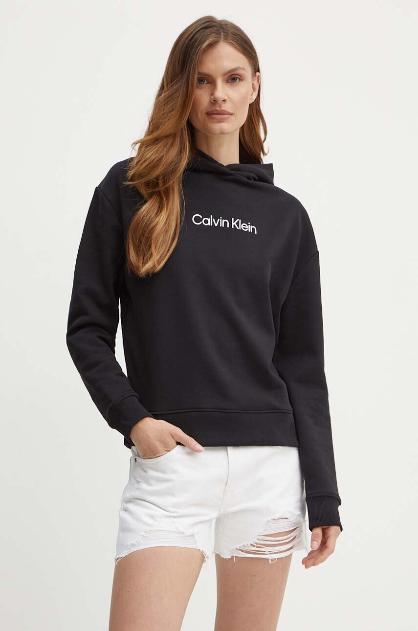 Levně Bavlněná mikina Calvin Klein dámská, černá barva, s kapucí, s potiskem, K20K205449