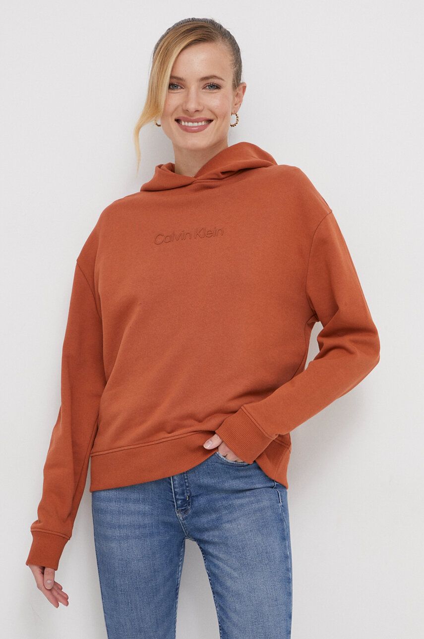 Bavlněná mikina Calvin Klein dámská, oranžová barva, s kapucí, s potiskem, K20K205449