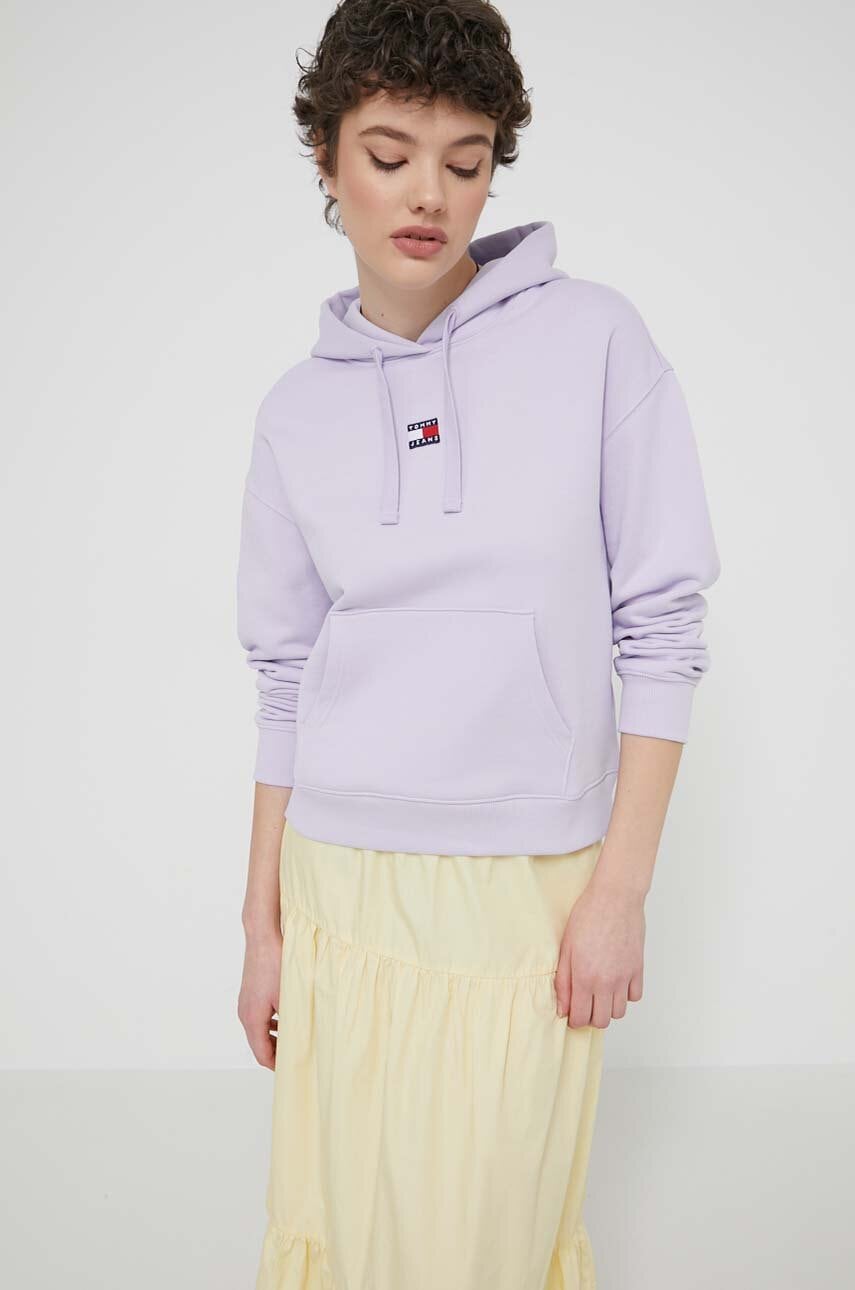 Tommy Jeans hanorac de bumbac femei, culoarea violet, cu glugă, imprimeu DW0DW17326