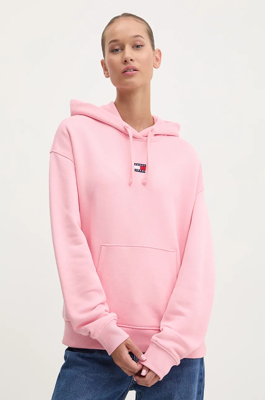 

Памучен суичър Tommy Jeans в розово с качулка с апликация, Розов