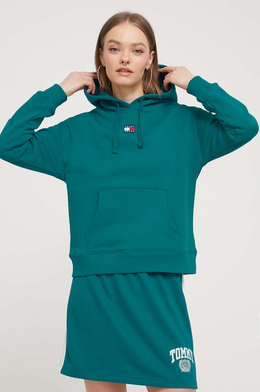 Tommy Jeans hanorac de bumbac femei, culoarea verde, cu glugă, imprimeu DW0DW17326