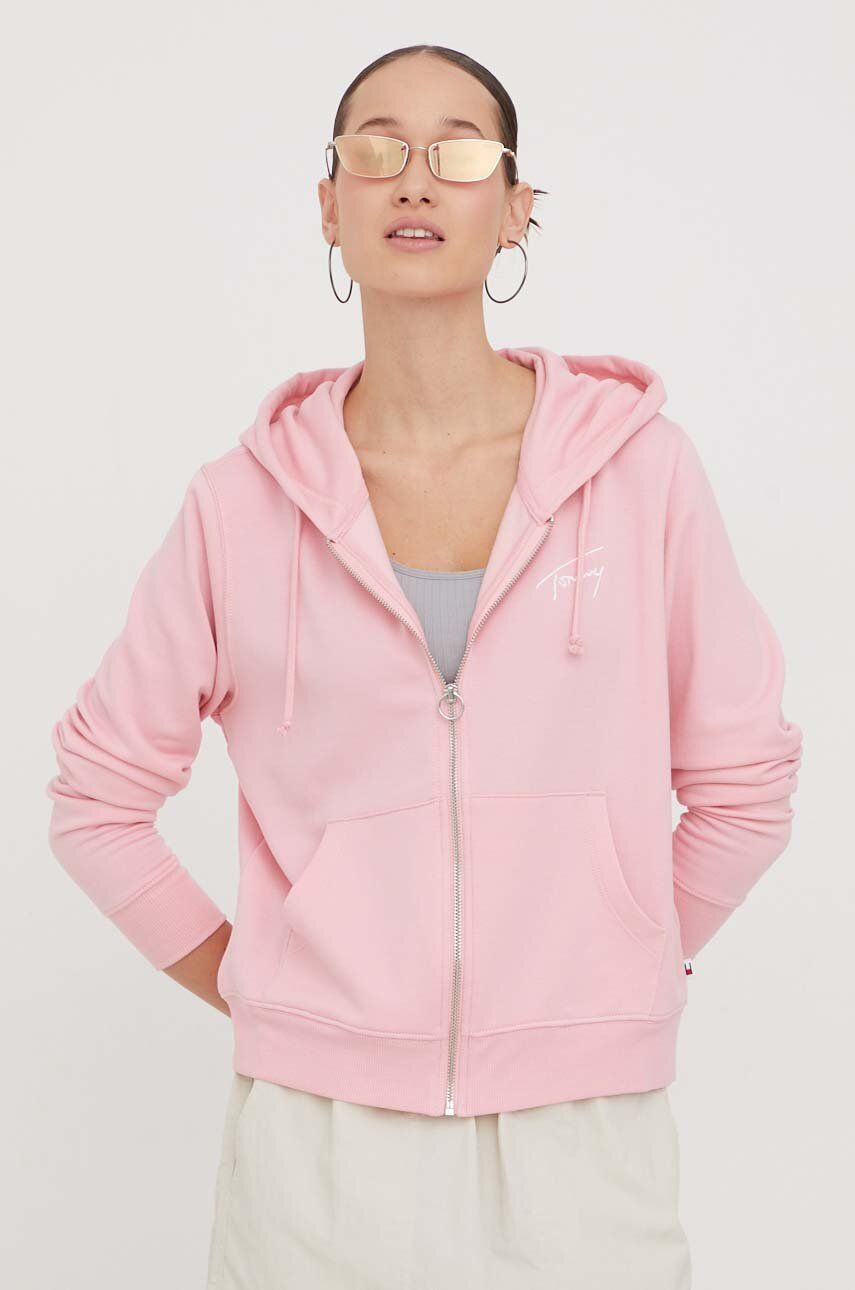 Levně Mikina Tommy Jeans dámská, růžová barva, s kapucí, hladká