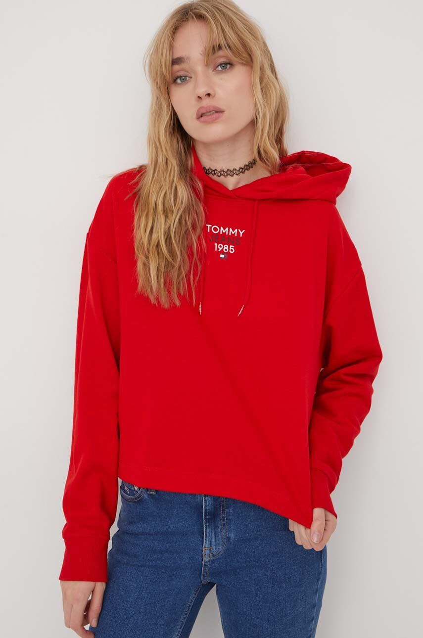 Levně Mikina Tommy Jeans dámská, červená barva, s kapucí, s potiskem, DW0DW17322