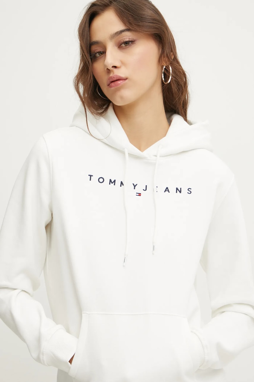 Tommy Jeans bluza femei, culoarea alb, cu glugă, cu imprimeu, DW0DW17324 Tommy Jeans bluza femei, culoarea alb, cu glugă, cu imprimeu, DW0DW17324