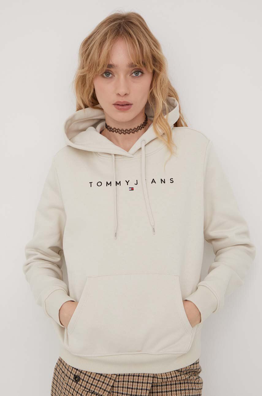 Levně Mikina Tommy Jeans dámská, béžová barva, s kapucí, s aplikací, DW0DW17324