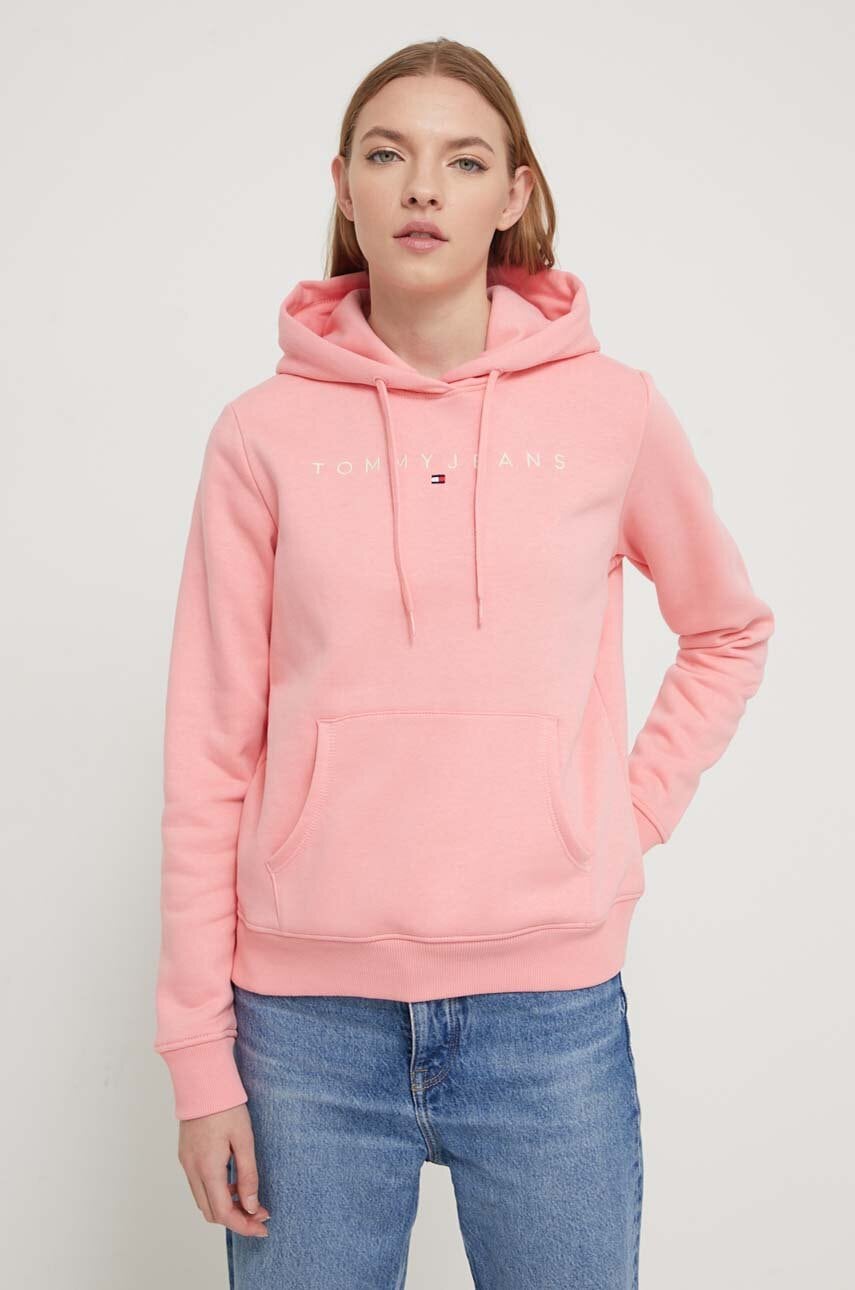 Tommy Jeans bluză femei, culoarea roz, cu glugă, imprimeu DW0DW17324