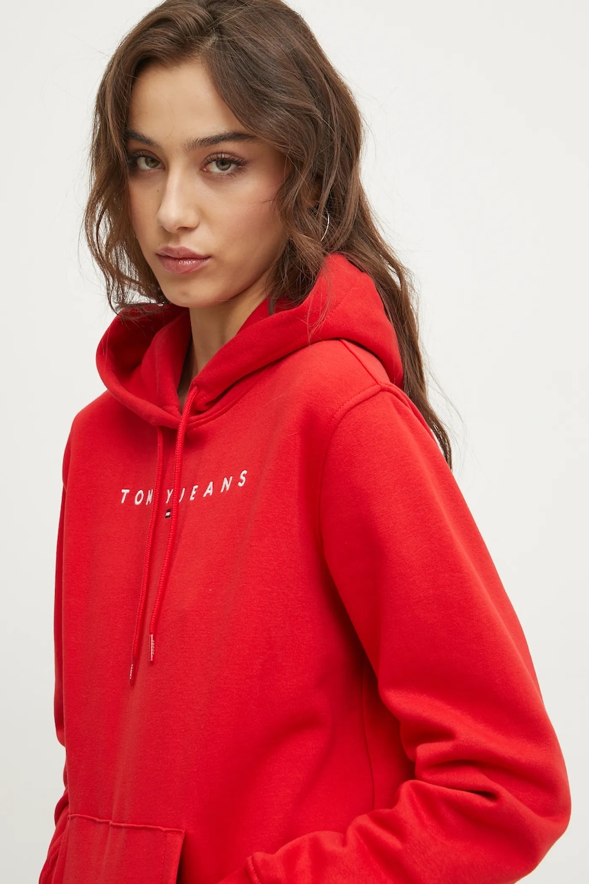 Tommy Jeans bluza femei, culoarea rosu, cu glugă, cu imprimeu, DW0DW17324 Tommy Jeans bluza femei, culoarea rosu, cu glugă, cu imprimeu, DW0DW17324