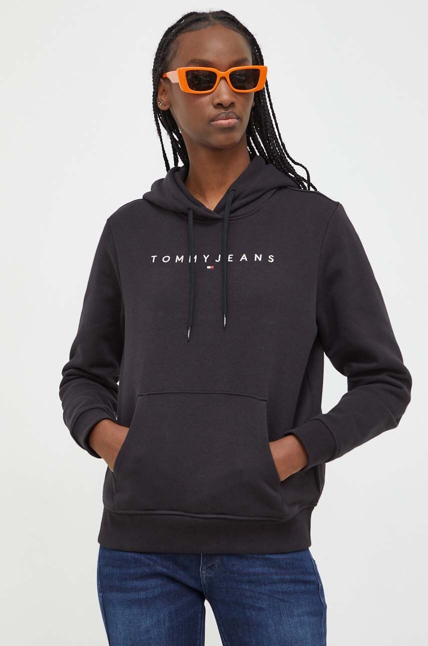 Levně Mikina Tommy Jeans dámská, černá barva, s kapucí, s aplikací, DW0DW17324