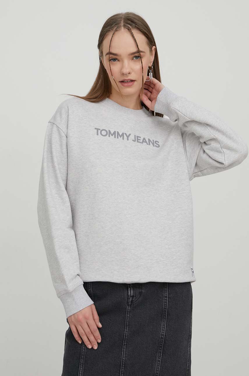 Levně Bavlněná mikina Tommy Jeans dámská, šedá barva, s potiskem, DW0DW17327