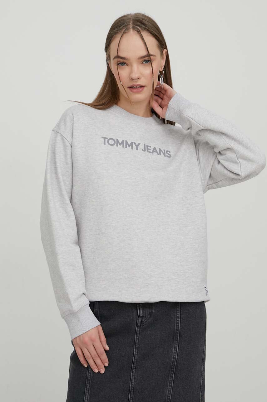 Tommy Jeans Hanorac De Bumbac Femei, Culoarea Gri, Cu Imprimeu