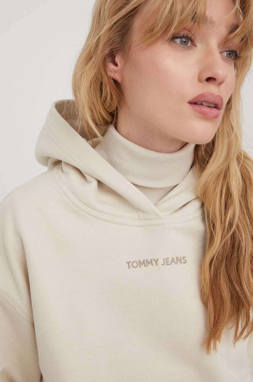 Tommy Jeans hanorac de bumbac femei, culoarea bej, cu glugă, cu imprimeu