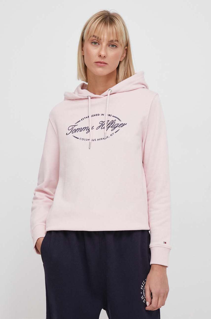 E-shop Bavlněná mikina Tommy Hilfiger dámská, růžová barva, s kapucí, s potiskem