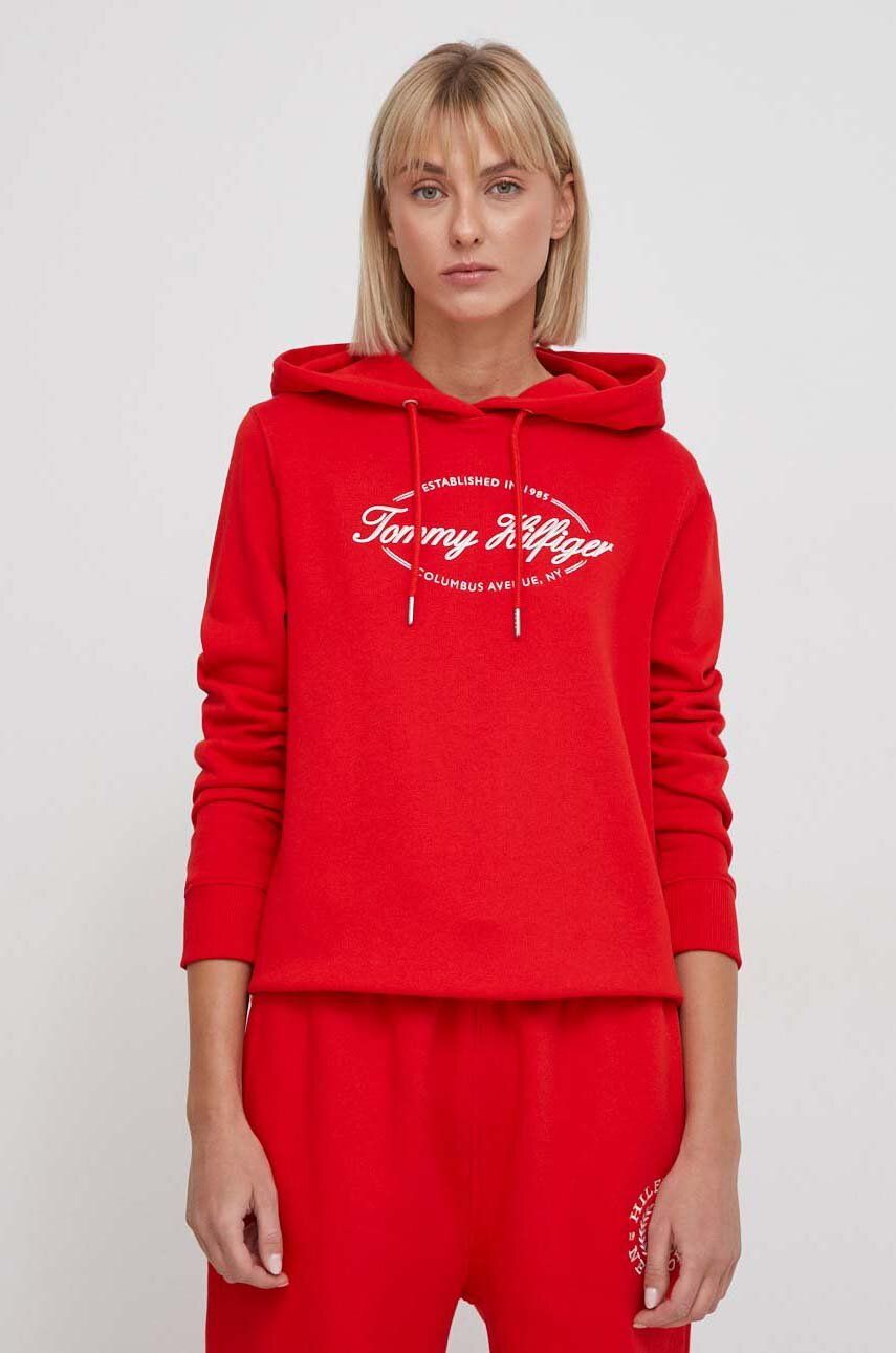 E-shop Bavlněná mikina Tommy Hilfiger dámská, červená barva, s kapucí, s potiskem