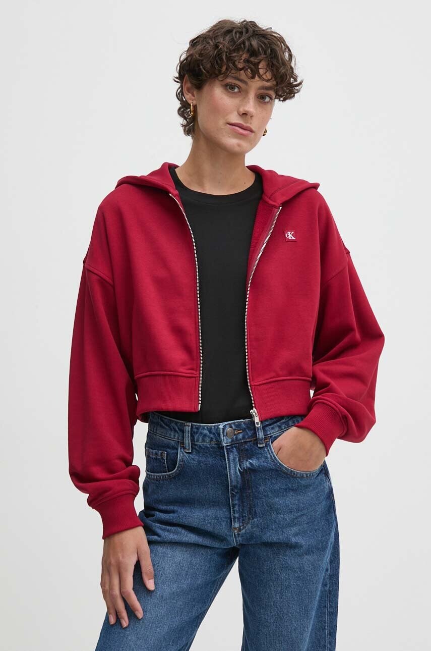 

Суичър Calvin Klein Jeans в бордо с качулка с изчистен дизайн