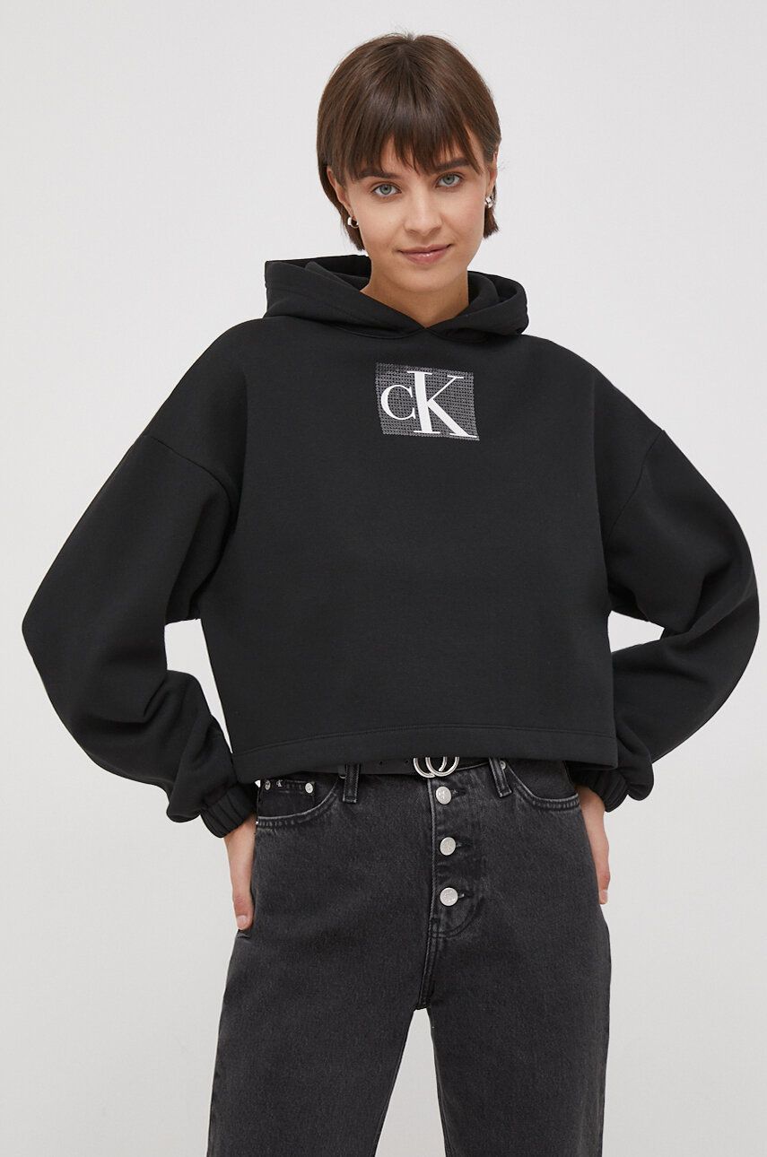 Levně Mikina Calvin Klein Jeans dámská, černá barva, s kapucí, s aplikací, J20J222962
