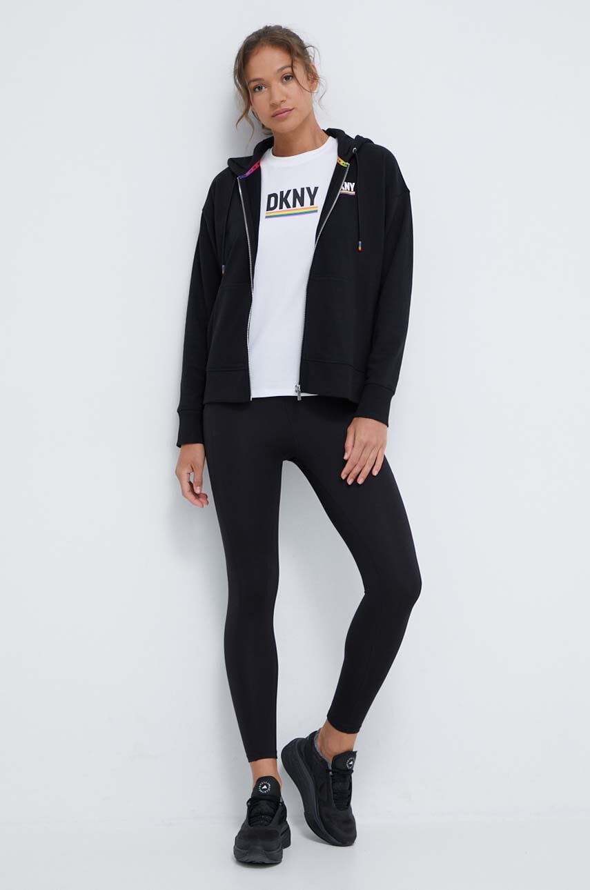 Dkny bluza femei, culoarea negru, cu glugă, cu imprimeu