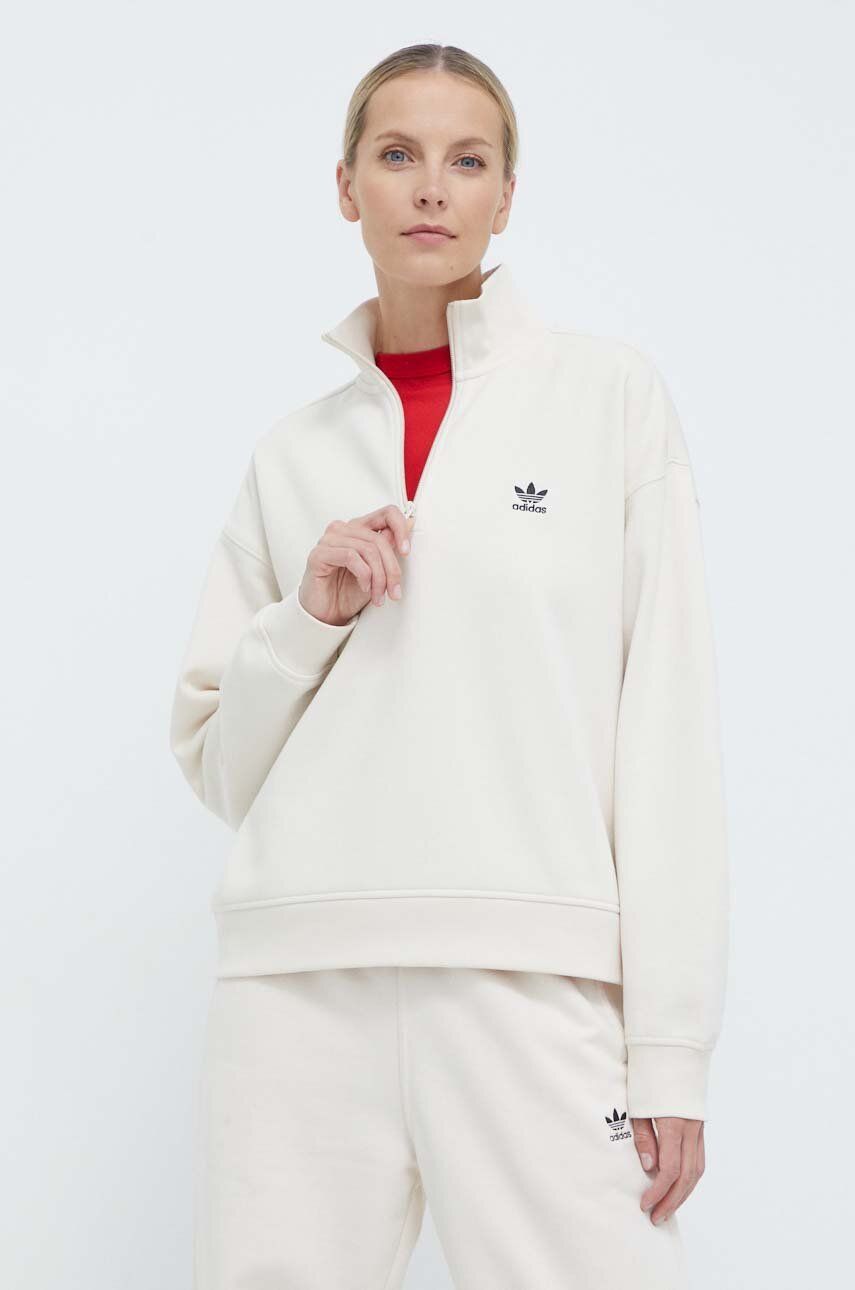 adidas Originals bluza Essentials Halfzip Sweatshirt femei, culoarea bej, neted, IR5940