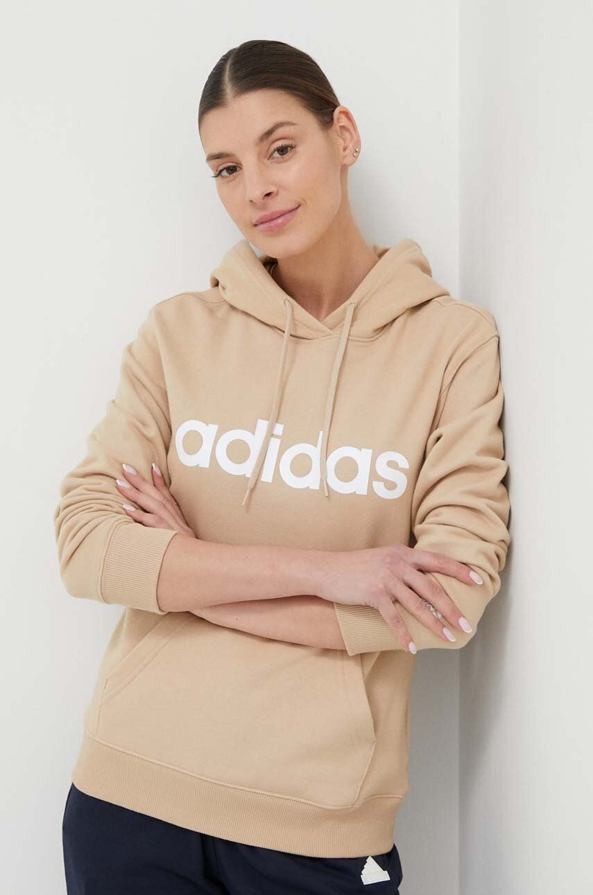 Pamučna dukserica adidas za žene, boja: bež, s kapuljačom, tiskom