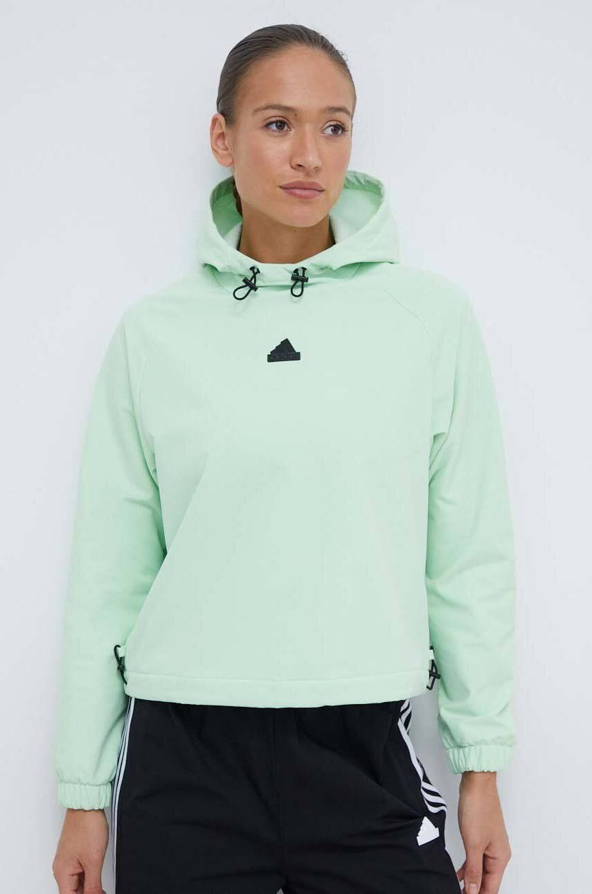 adidas bluză femei, culoarea verde, cu glugă, cu imprimeu IS3014