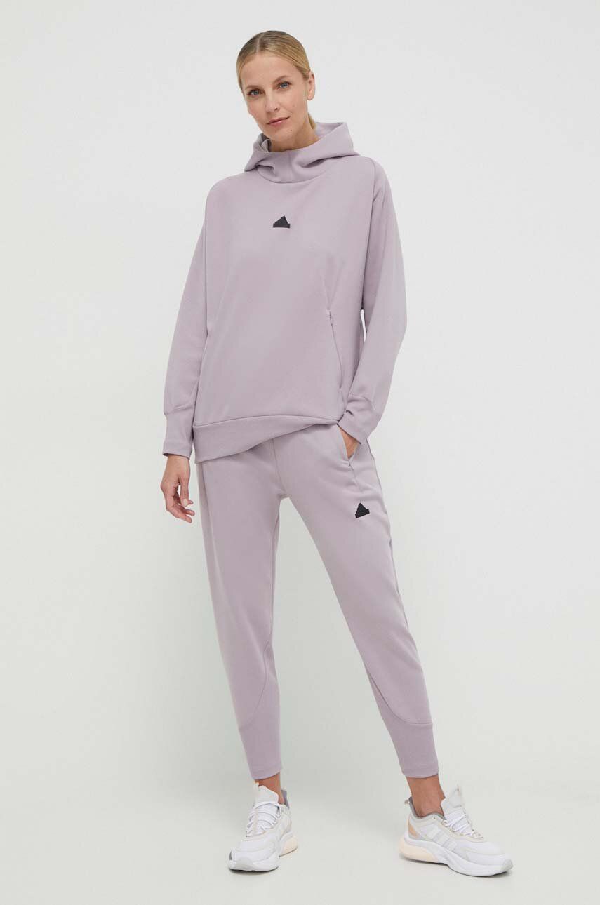 adidas bluza ZNE femei, culoarea violet, cu glugă, cu imprimeu