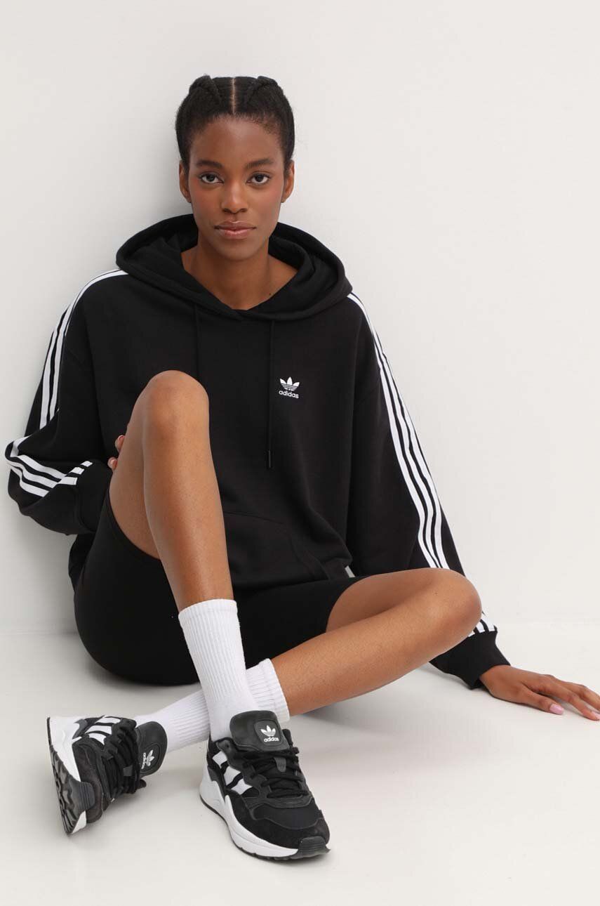adidas Originals bluză 3-Stripes Hoodie femei, culoarea negru, cu glugă, cu imprimeu, IU2418