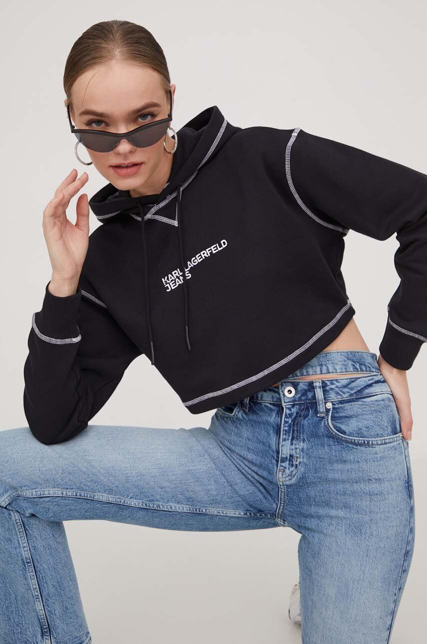 Levně Mikina Karl Lagerfeld Jeans dámská, černá barva, s kapucí, s aplikací