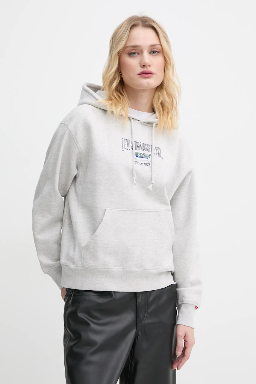 Levi's bluza femei, culoarea gri, cu glugă, cu imprimeu Levi's bluza femei, culoarea gri, cu glugă, cu imprimeu