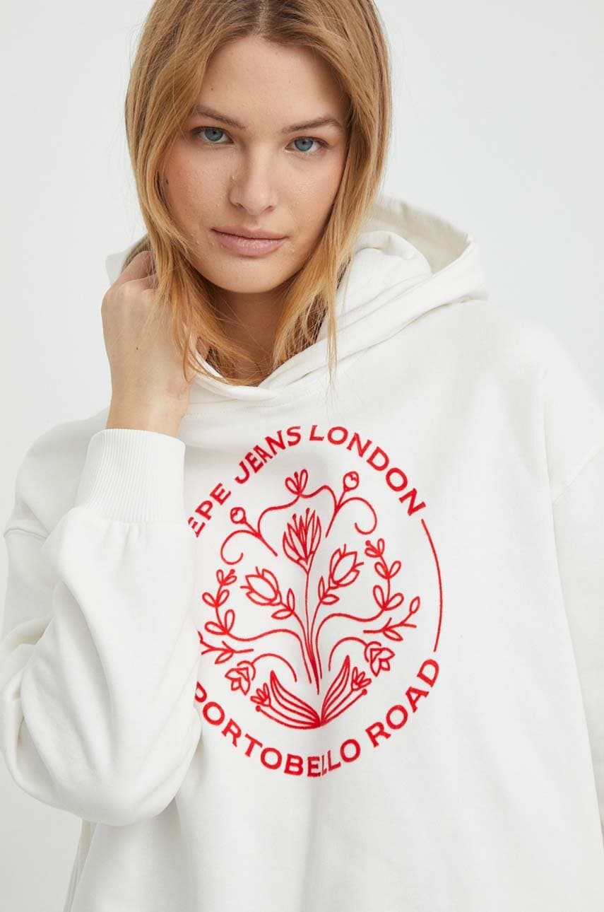 Pepe Jeans hanorac de bumbac HARIA femei, culoarea alb, cu gluga, cu imprimeu