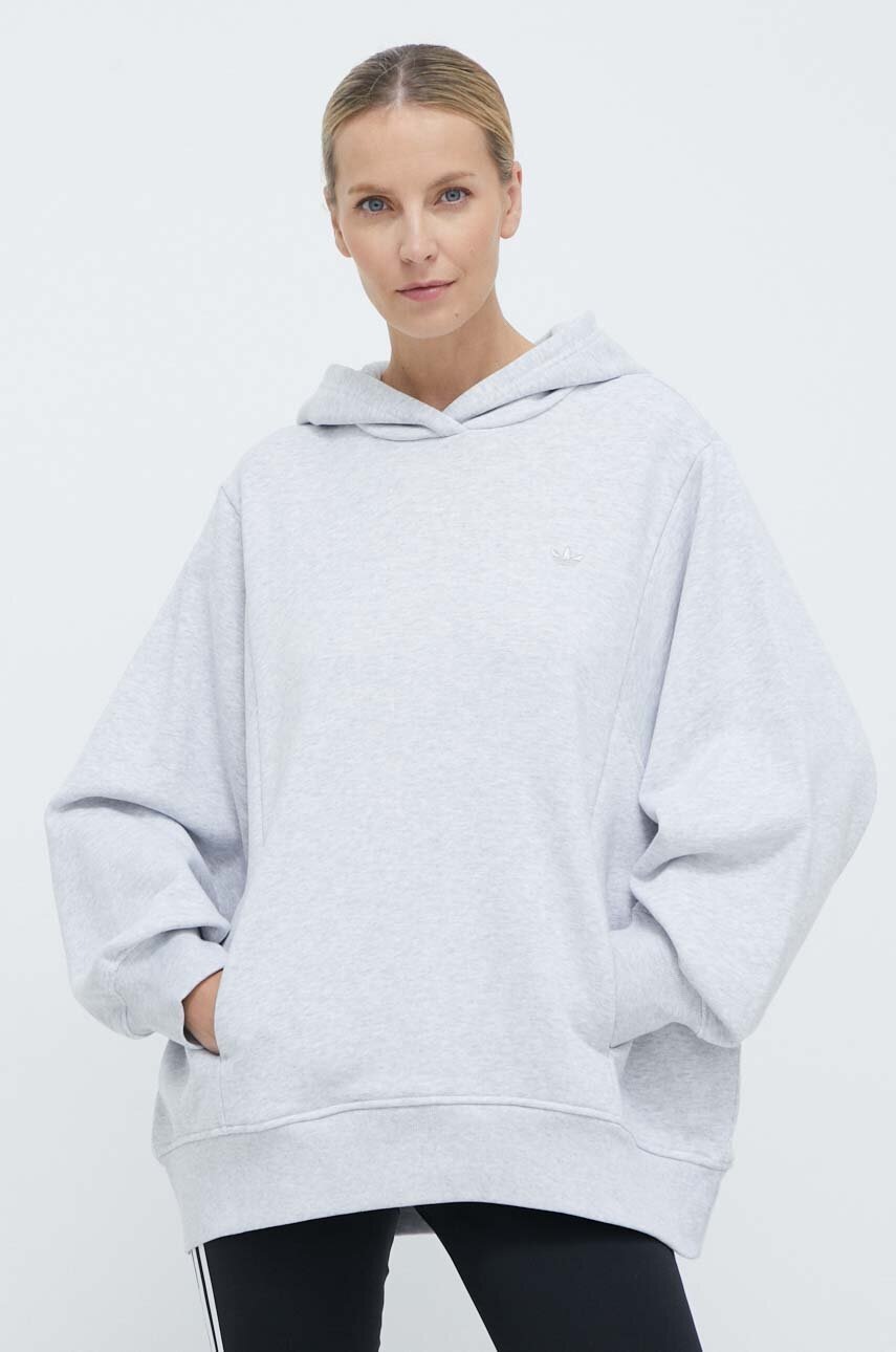 adidas Originals hanorac de bumbac Hoodie femei, culoarea gri, cu glugă, melanj, IX2344