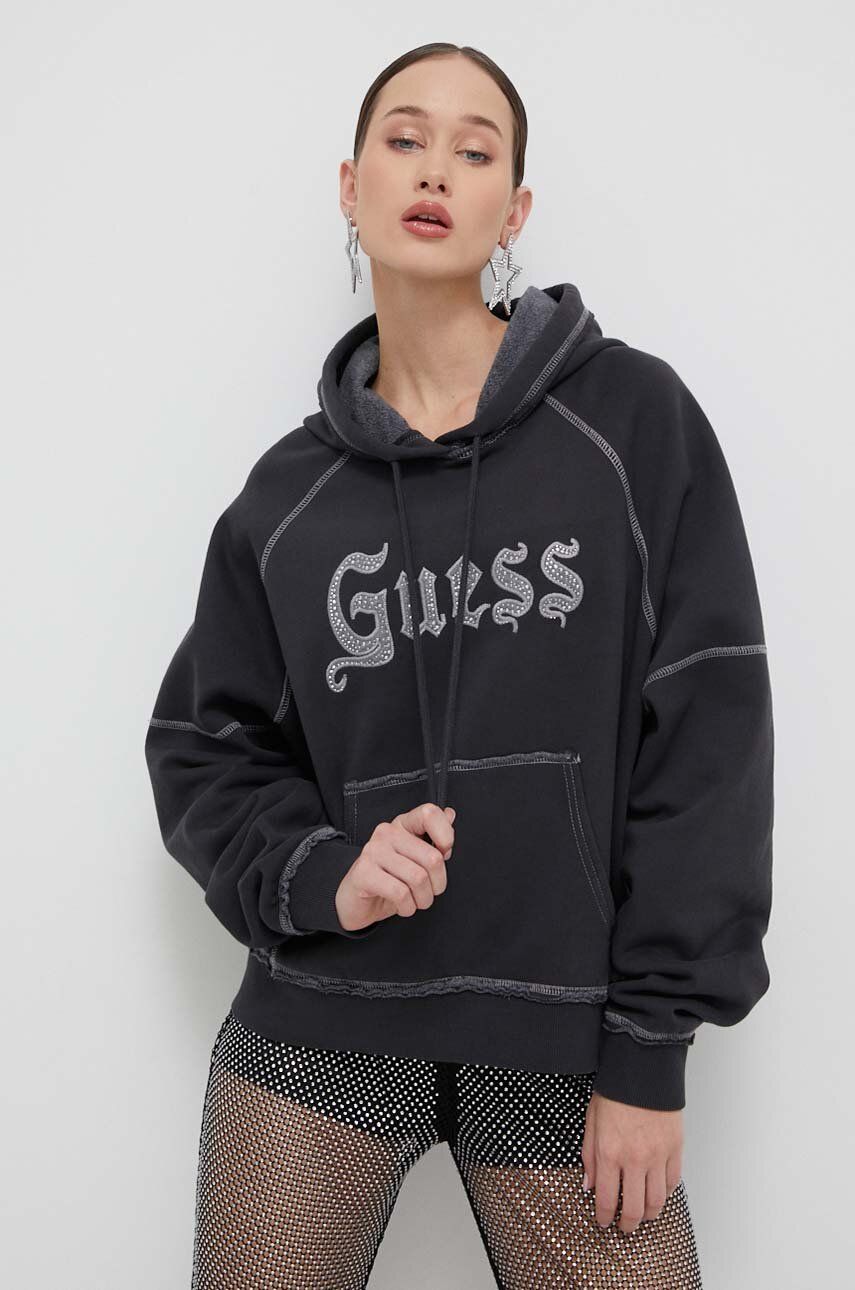 Levně Mikina Guess Originals dámská, šedá barva, s kapucí, s aplikací