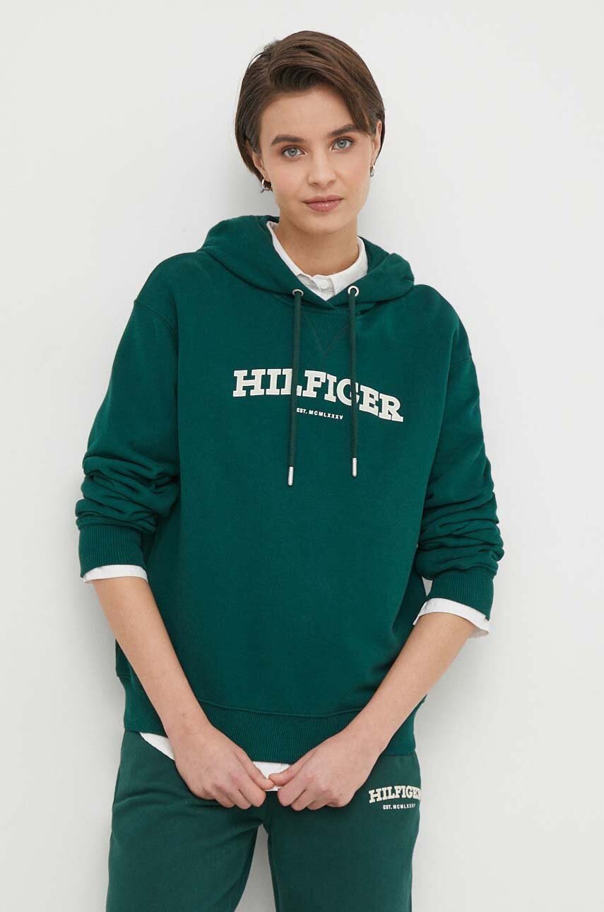 

Памучен суичър Tommy Hilfiger в зелено с качулка апликация WW0WW41236, Зелен