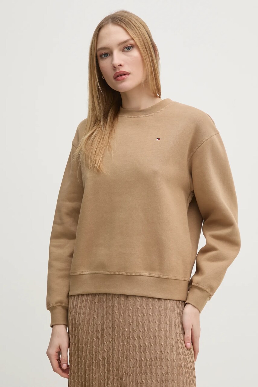 Levně Bavlněná mikina Tommy Hilfiger dámská, hnědá barva, hladká
