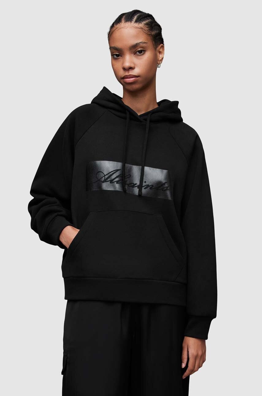AllSaints bluza Elle femei, culoarea negru, cu glugă, cu imprimeu