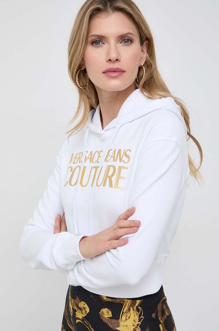 Levně Bavlněná mikina Versace Jeans Couture dámská, bílá barva, s kapucí, potiskem, 76HAIT04 CF01T